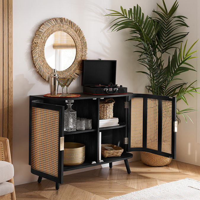 image of two door rattan sideboard with doors open to reveal shelving spaces inside