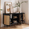 image of black 3 door wooden sideboard with all doors open