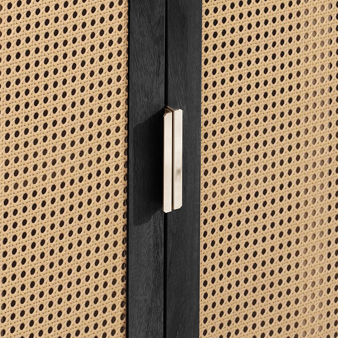close up image of rattan fronted doors with gold handles
