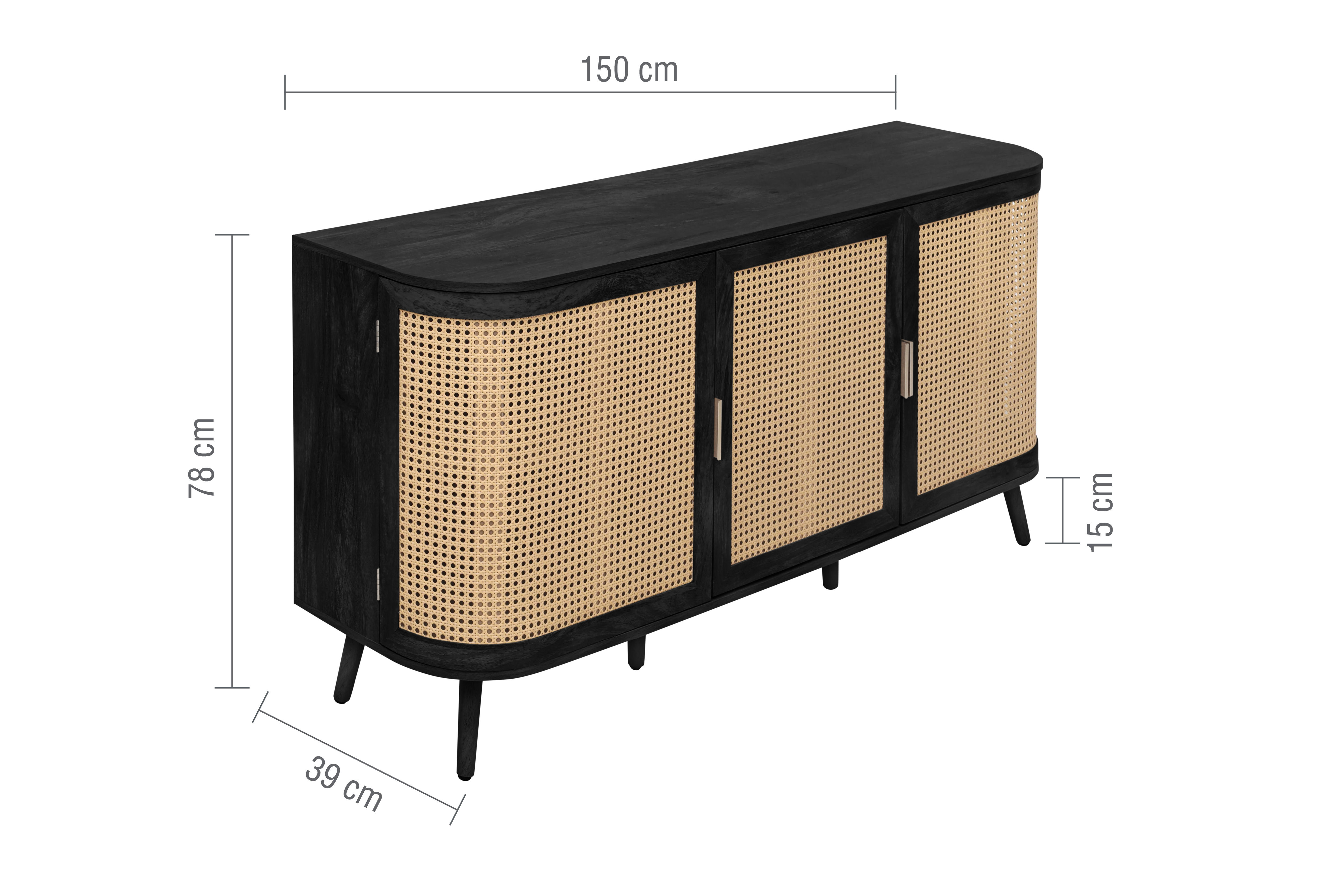line dimensions image of  black 3 door wooden sideboard