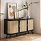image of three door black sideboard with rattan front, against a pale taupe living room wall with abstract art and faux plants on top