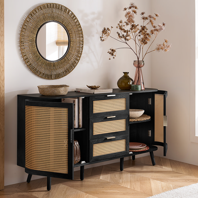 image of 2 door and 3 drawer sideboard with both doors open