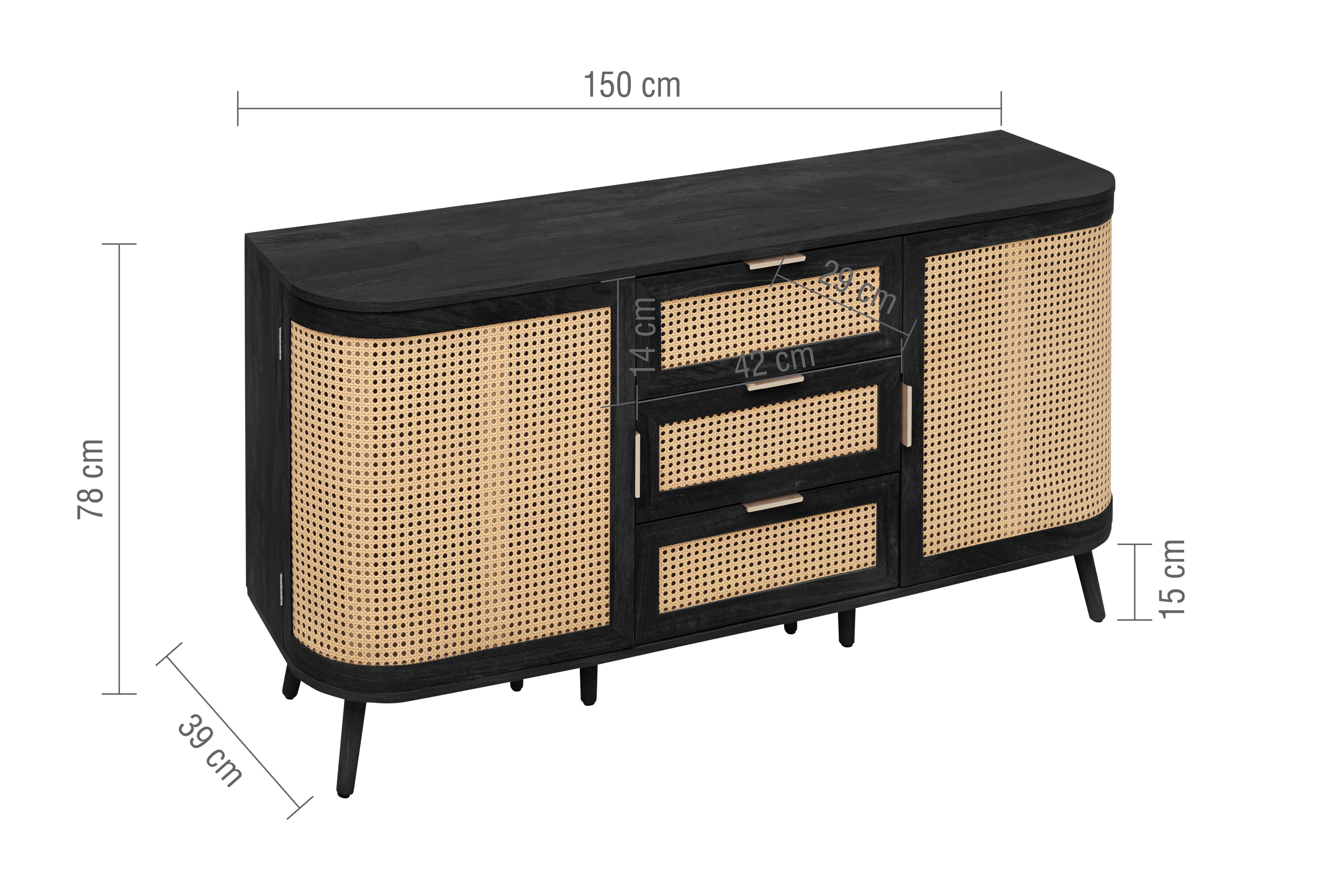 line dimensions image cut out on white background for 2 door 3 drawer black rattan sideboard
