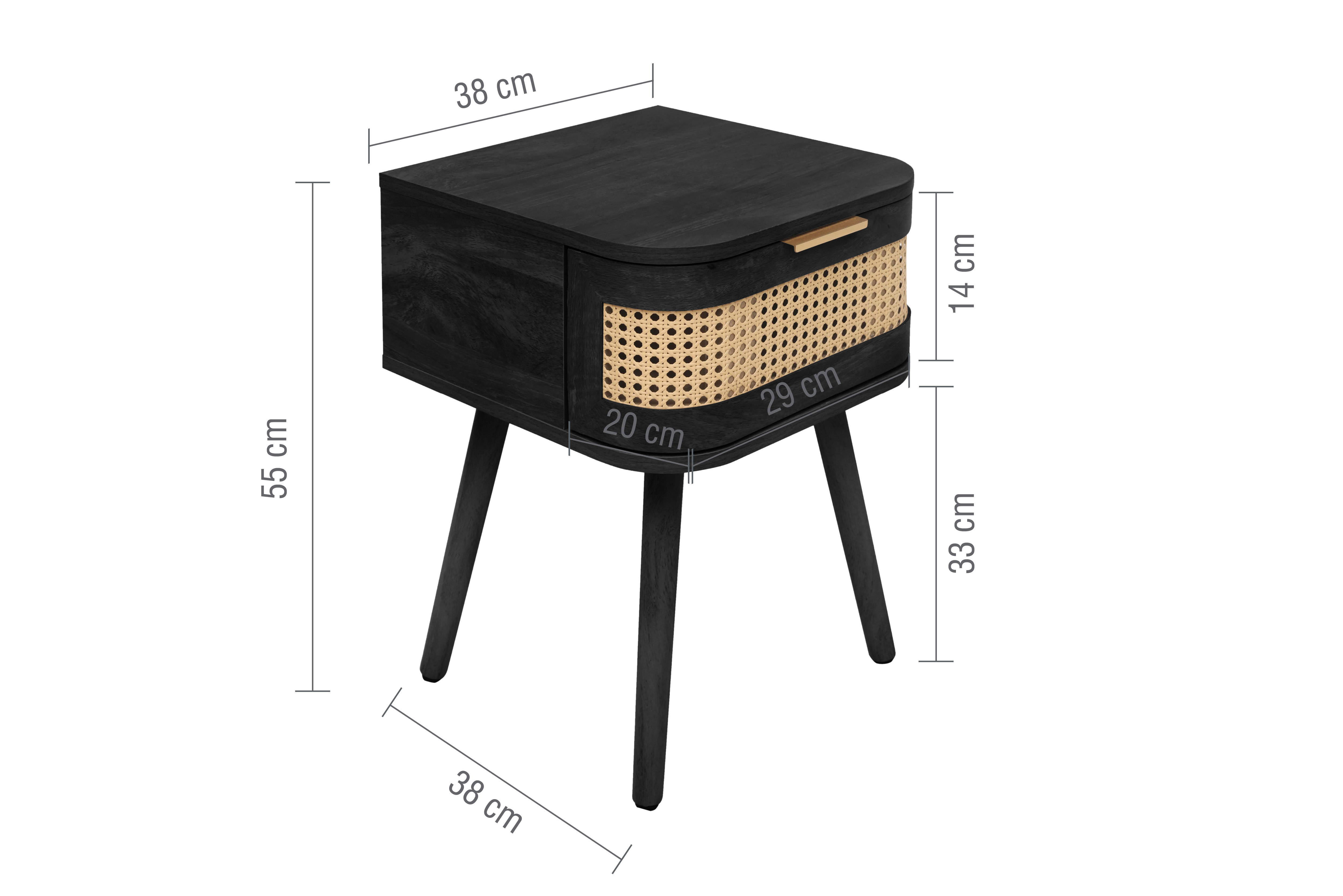 line dimensions image of black rattan 1 drawer bedside table