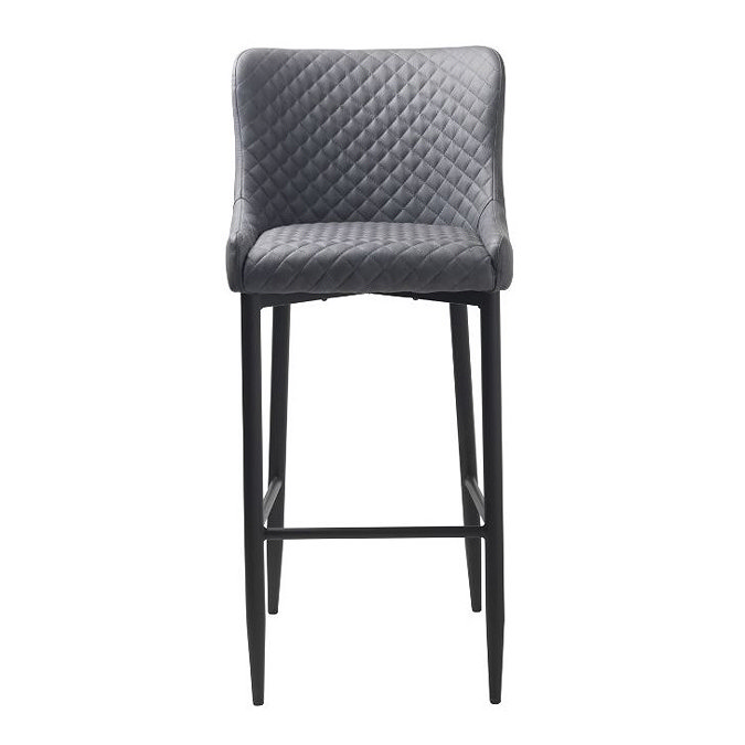 front on image cut out on white sideboard of faux leather grey bar stool with black steel legs and harlequin stitched seat
