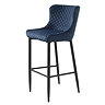 side on image cut out on white background of blue velvet bar stool with black legs