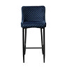 front on image cut out on white background of blue velvet bar stool with harlequin stitched seat and black metal legs