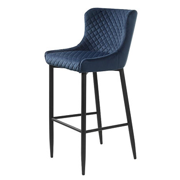 front on image cut out on white background of blue velvet bar stool with harlequin stitched seat and black metal legs