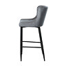 side on image cut out on white background of grey velvet bar stool with black steel legs