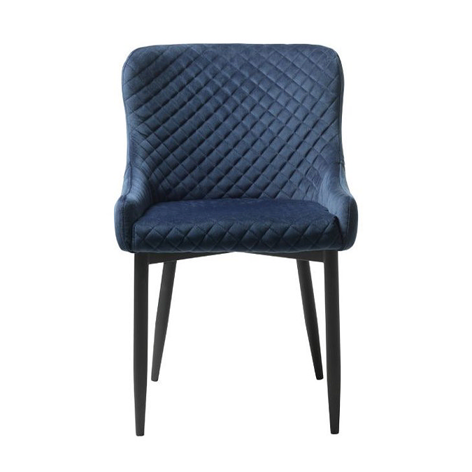 front on image cut out on white background of blue velvet harlequin stitched dining chair with black metal legs