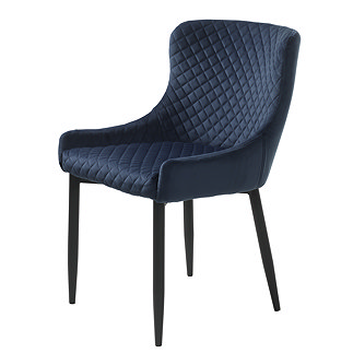 image of blue velvet dining chair with harlequin stitched seat and inner back, and smooth rounded black metal legs