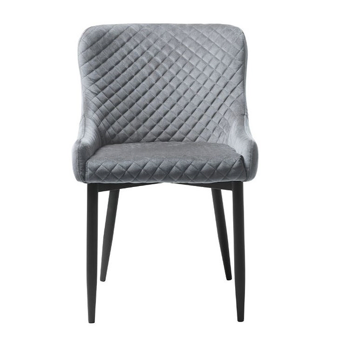 front on image cut out on white background of grey velvet dining chair with black rounded legs