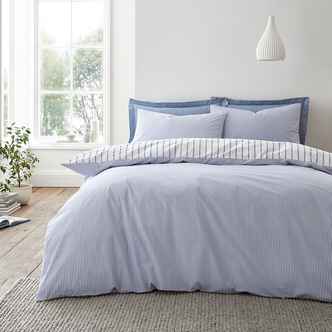 Hampton stripe duvet cover set in blue on bed image 2