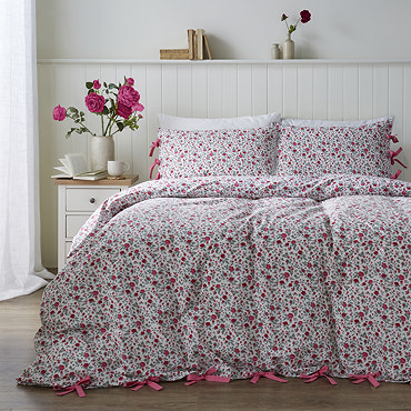 Hannah Floral Bow Fastening Duvet Cover Set - Pink carousel image