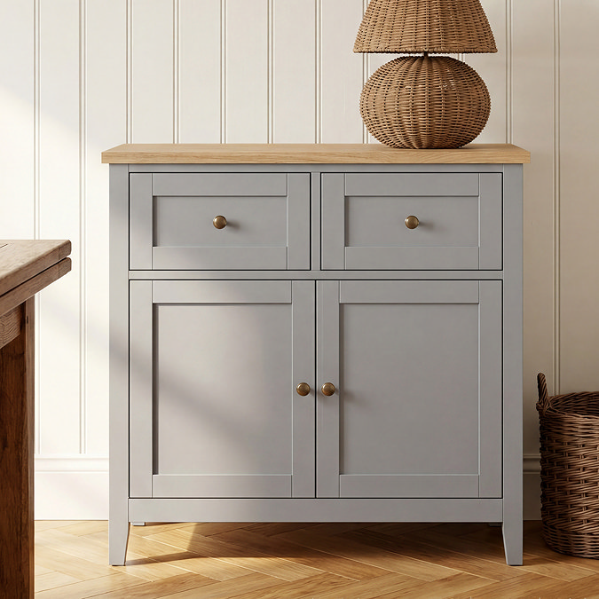 closer shot of 2 door grey sideboard