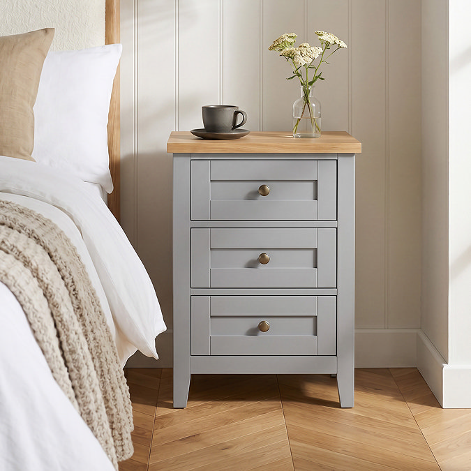 hardwick three drawer bedside table with oak top