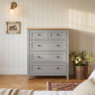 wide image of five drawer chest painted grey with smooth oak top