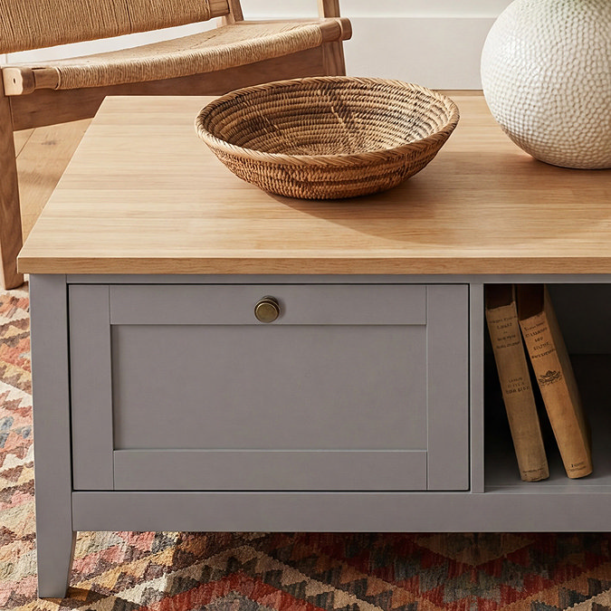 close up image on drawer of coffee table