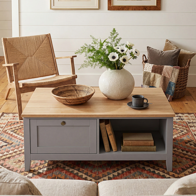 image of grey coffee table with oak top on antique rug