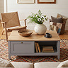 image of grey coffee table with oak top on antique rug