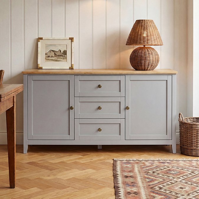 close up image of large sideboard with 2 doors and 3 drawers
