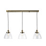 image cut out on white background of three-drop antique brass lights