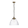 image cut out on white background of large antique brass pendant light with hanging chain and black cable