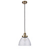 image cut out on white background of pendant light with clear glass shade and antique brass fixture