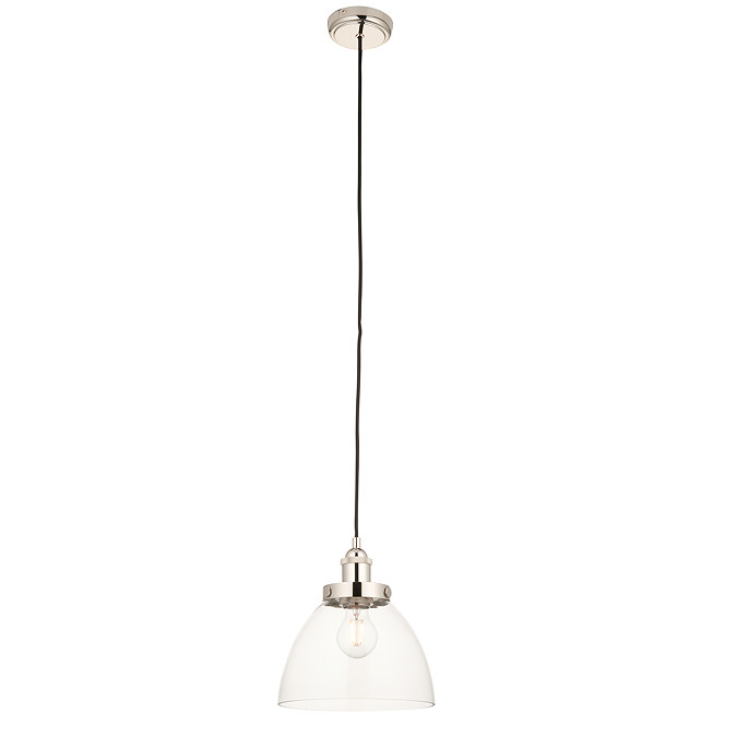 image cut out on white background of pendant light with clear glass shade and nickel fixtures