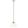 image cut out on white background of pendant light with clear glass shade and nickel fixtures