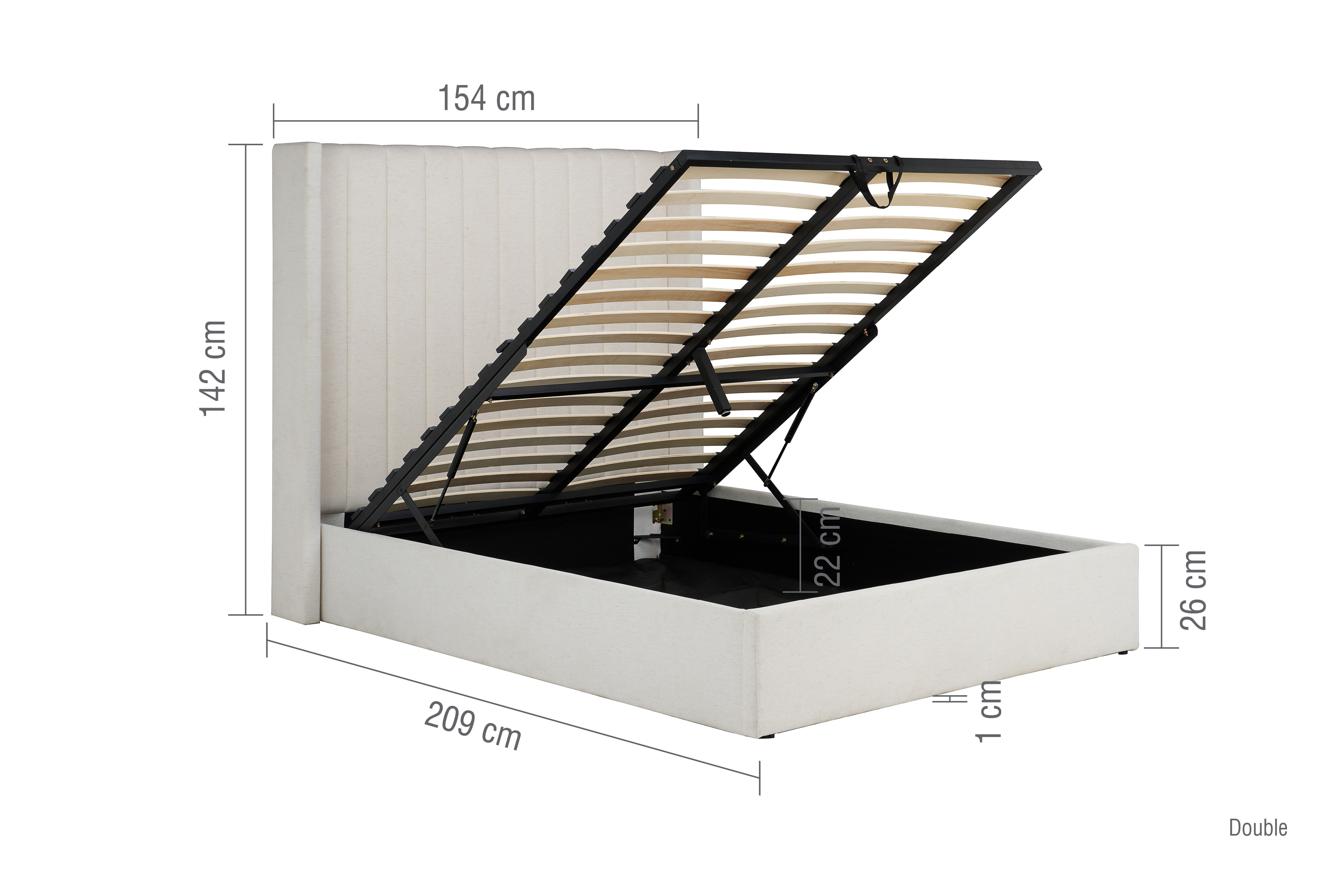 image of cream ottoman bed without mattress, cut out on white background with lines to indicate dimensions: 209x154x142cm