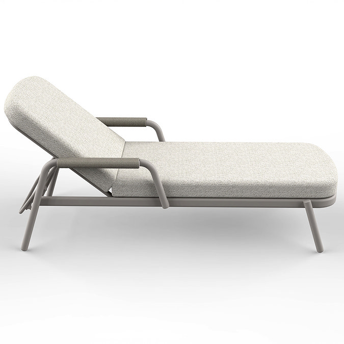 side on cut out image of light coloured fabric sun lounger with aluminium frame