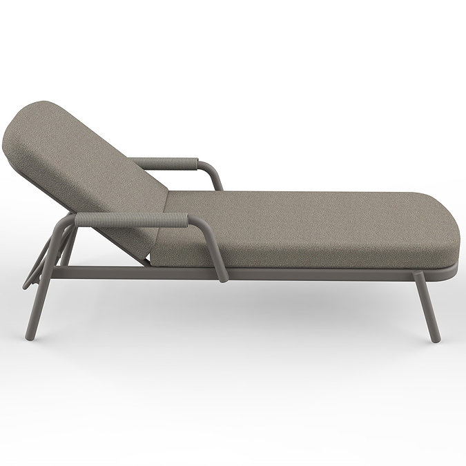side on cut out of light grey fabric sun lounger with aluminium frame