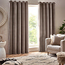 Heavy chenille greige eyelet curtain on window image 1