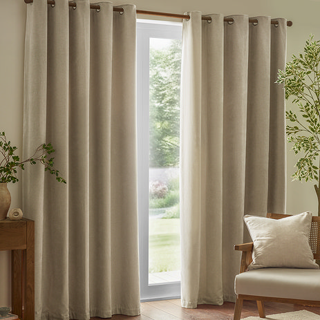 Heavy chenille linen eyelet curtains on window image 1