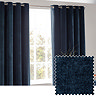 Heavy chenille navy curtain on window with swatch image 2