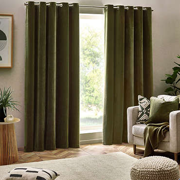 Heavy chenille olive curtain close up image 1