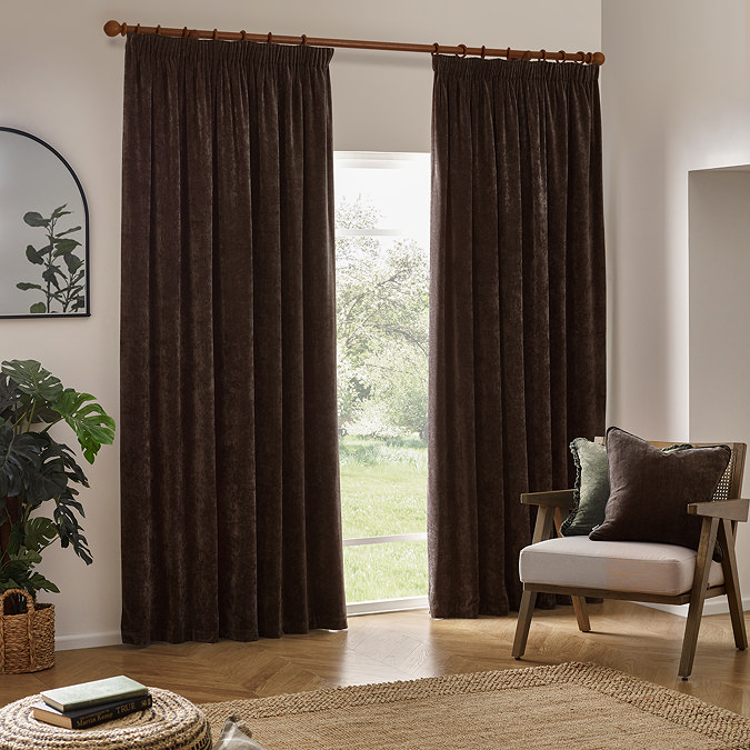 Heavy chenille brown curtains on window image 1