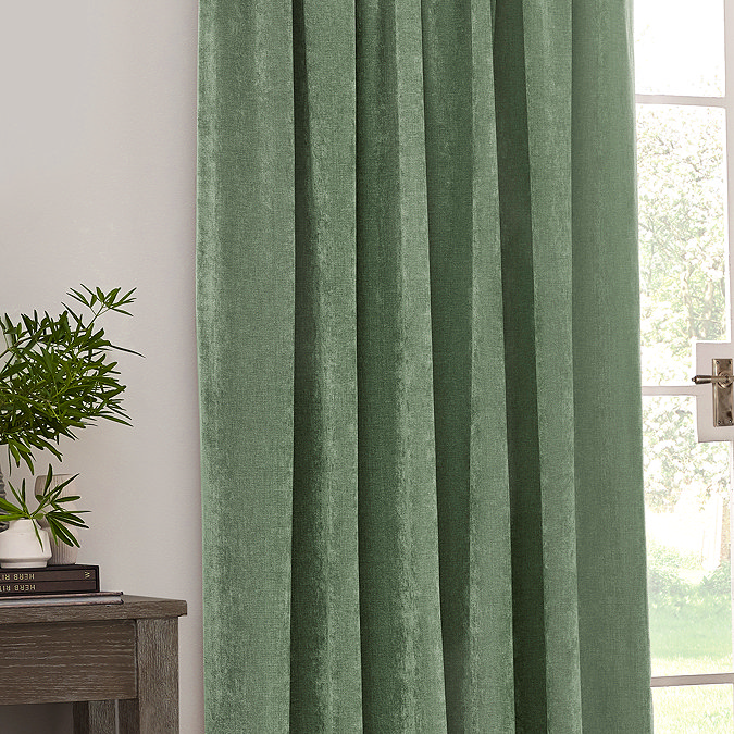 Heavy chenille eucalyptus curtains close up image 2