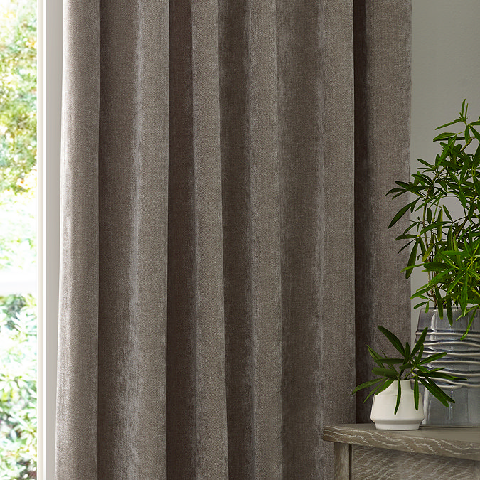 Heavy chenille greige curtain close up image 2