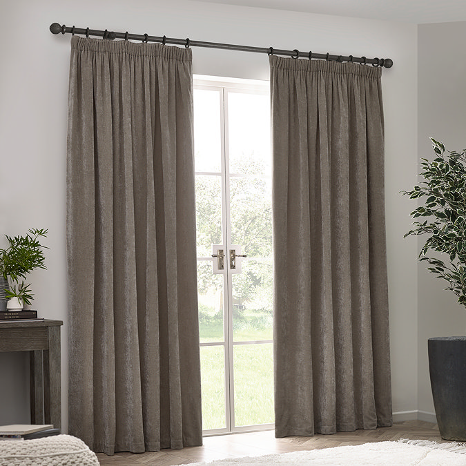 Heavy chenille greige curtain on window image 4