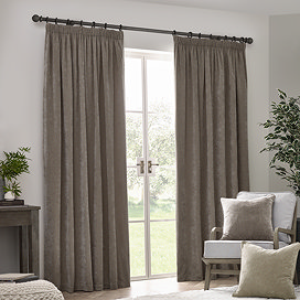 Heavy chenille greige curtains on window image 1