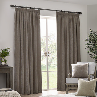 Heavy chenille greige curtains on window image 1