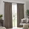 Heavy chenille greige curtains on window image 1