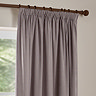 Heavy Chenille Mauve pencil pleat curtains over a window close up image