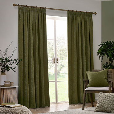 Heavy chenille olive curtain close up image 2