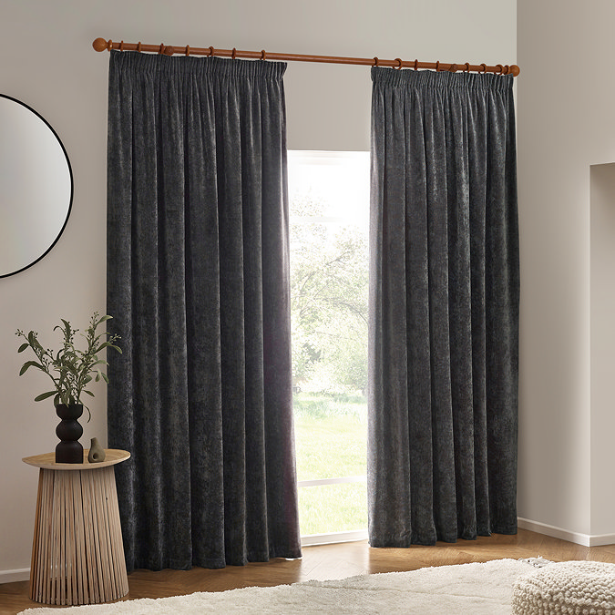 Heavy Chenille Pencil Pleat curtain in Charcoal on window image 4