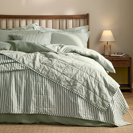 hebden stripe forest and bay green bedspread