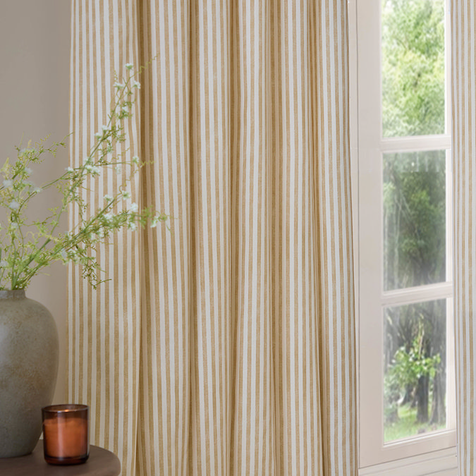 Hebden Striped Black Out Pencil Pleat Curtains on a window close up image