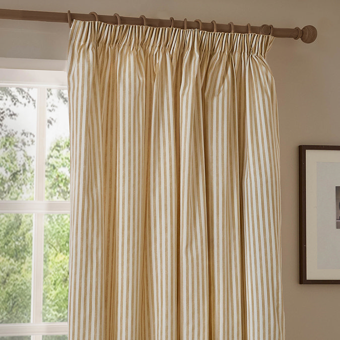 Hebden Striped Black Out Pencil Pleat Curtains on a window close up image